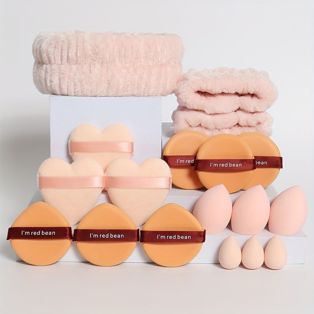 18-piece set including 1 hairband, 2 wristbands, 3 makeup sponges, 3 mini makeup sponges, 3 loose powder puffs, and 6 air cushion puffs. Features foundation mixing sponge for flawless