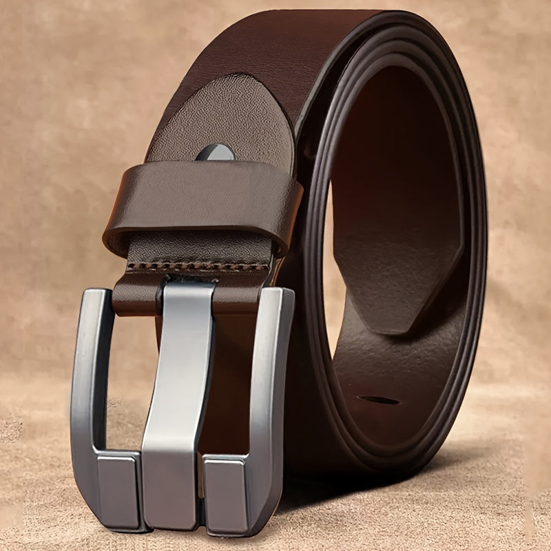 Black PU leather belt with square alloy buckle for casual and business attire.