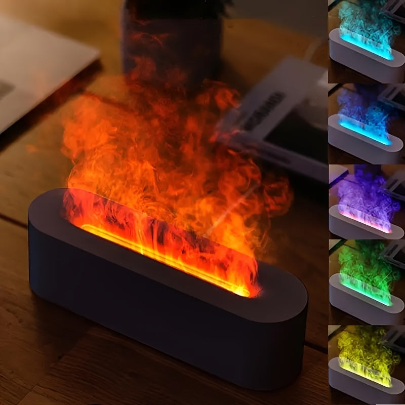 USB aromatherapy humidifier with 7-color flame effect, essential oil compatible, sleek black design for home or office, creates cozy ambiance with vibrant lighting choices.