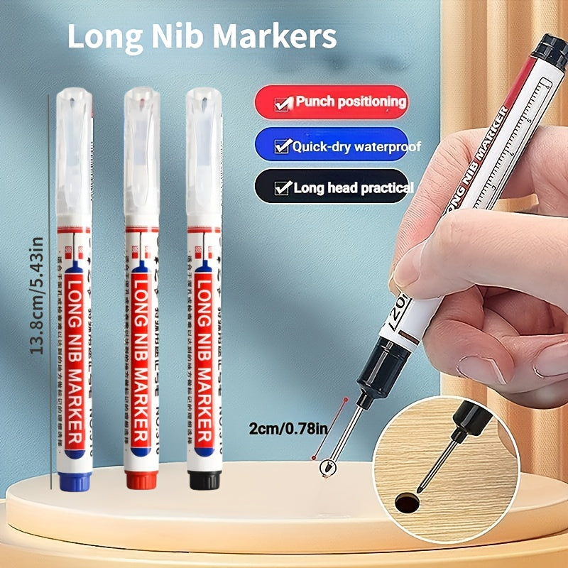 Pack of 4 waterproof metal perforating pens with long nibs, suitable for woodworking, bathroom, and decoration in black, blue, red, and green.