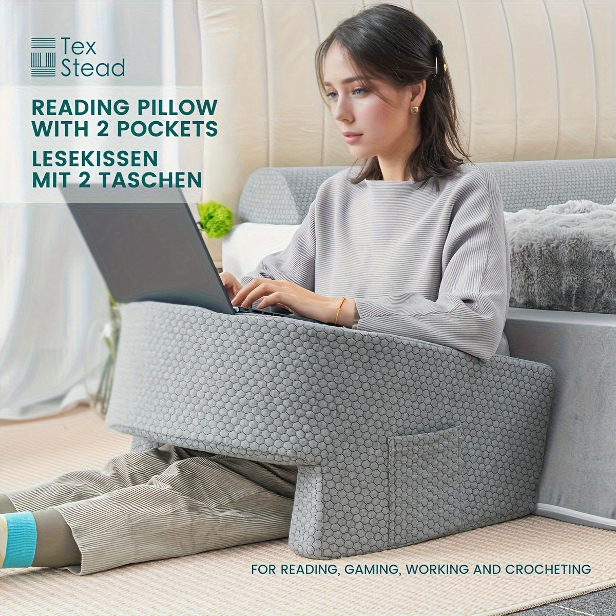 XL Reading Pillow with Arm Rest, Bed Support for Gaming and Work, Washable Cover, Quilted Polyester-Polyethylene Blend, Gray, for Bed Reading.