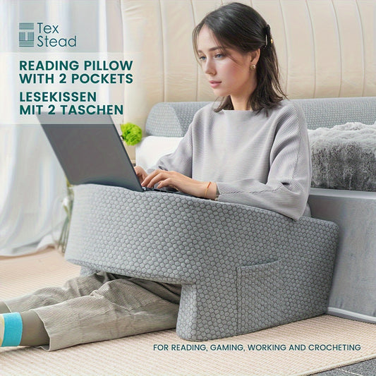 XL Reading Pillow with Arm Rest, Bed Support for Gaming and Work, Washable Cover, Quilted Polyester-Polyethylene Blend, Gray, for Bed Reading.