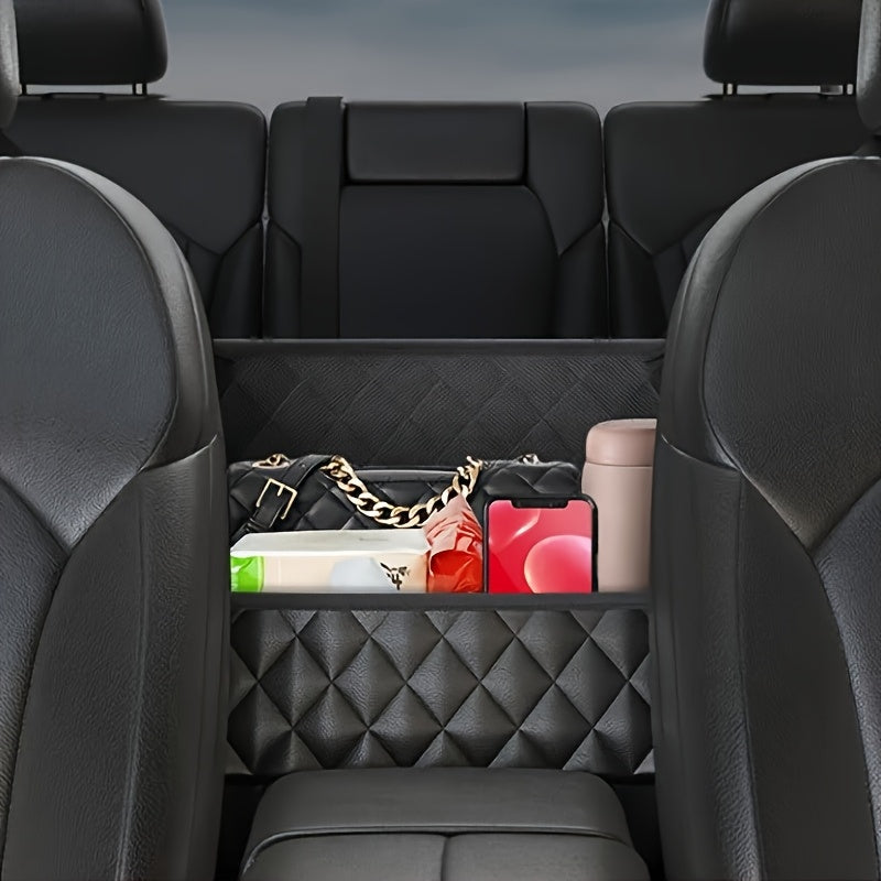 Durable faux leather organizer for car seats with large capacity, storage mesh bag, and hanging mount.