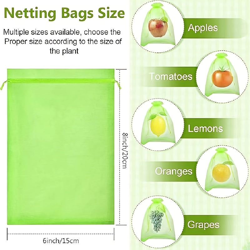 100 green garden netting bags with drawstring for pest protection and plant growth control in fruits and vegetables.