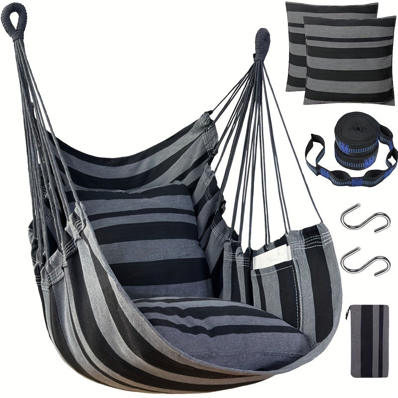 The package includes a hammock chair, two thick cushions, two 1.5-meter straps with 5 loops and 1 buckle, two climbing S-hooks, and a canvas storage bag. High-end configuration for export