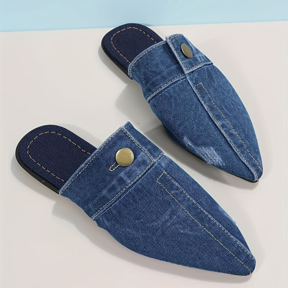 Women's Denim Flat Mules with Pointed Toe for Casual Outdoor Wear