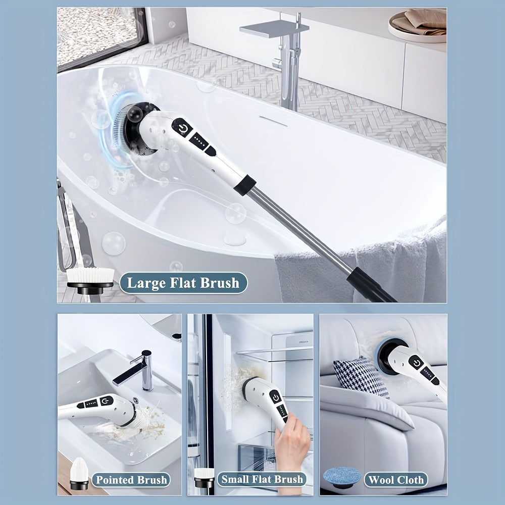 Introducing the Electric Cleaning Brush Set with 1 Wireless Rotary Floor Scrubber. This versatile cleaning tool comes with 7 replaceable brush heads and an adjustable extension handle for maximum convenience. The cordless design allows for easy