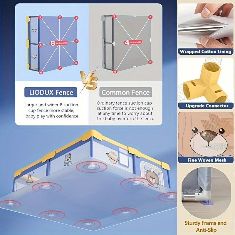 Large playpen for kids with a cute panda design, measuring 150cm x 180cm in blue and yellow cloth material. Features 2 pull rings and requires assembly.