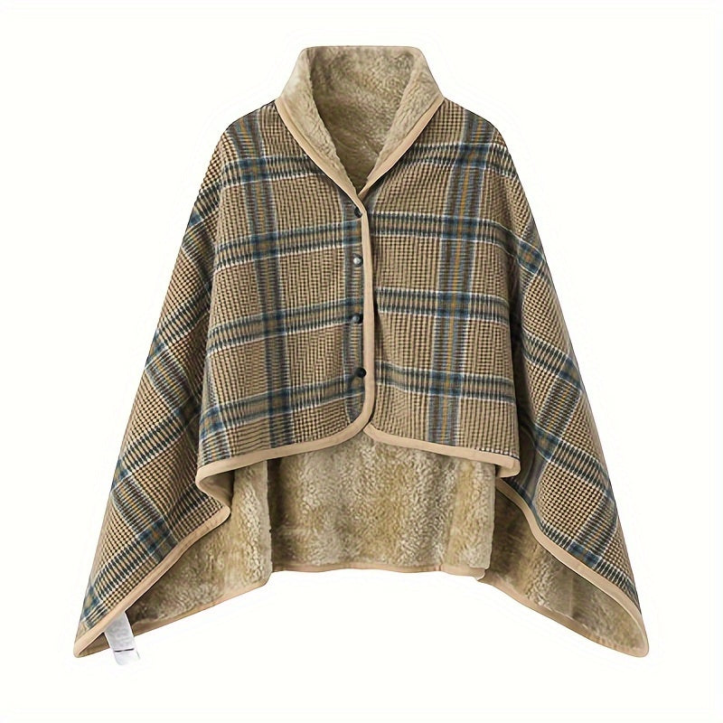 Stay warm and stylish with our reversible plaid shawl - a thick and cozy winter blanket featuring a convenient button closure, perfect for both office and home use.