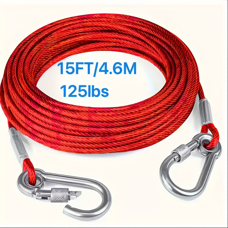 Durable stainless steel dog tie-out cable leash for large dogs, available in 4.57m, 9.14m, and 15.24m lengths. Suitable for breeds up to 113.4KG, with secure clamps and a no-pull