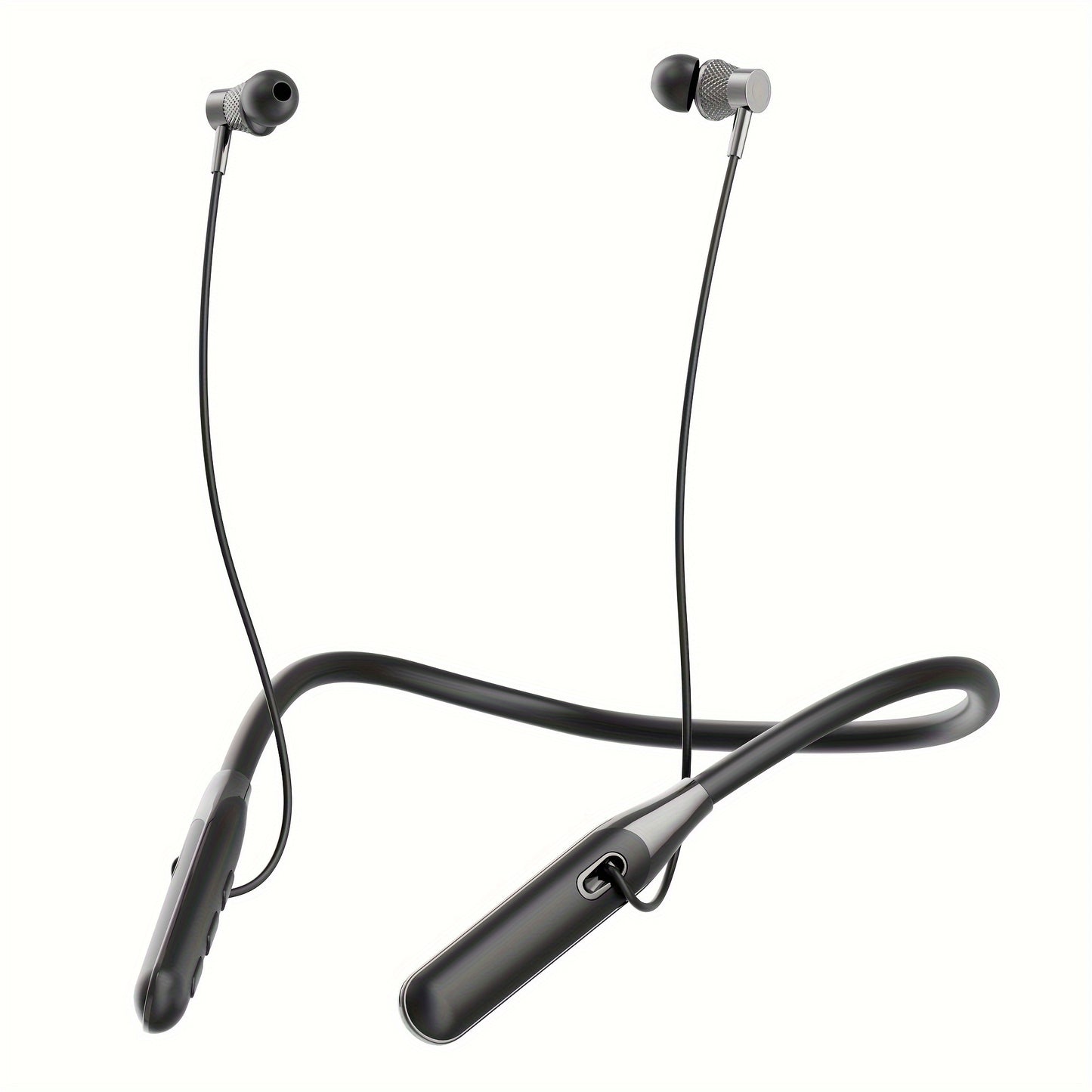 Sleek black wireless neck headphones for running with tangle-free cable, Type-C charging, 12-hour battery life, and adjustable neckband.