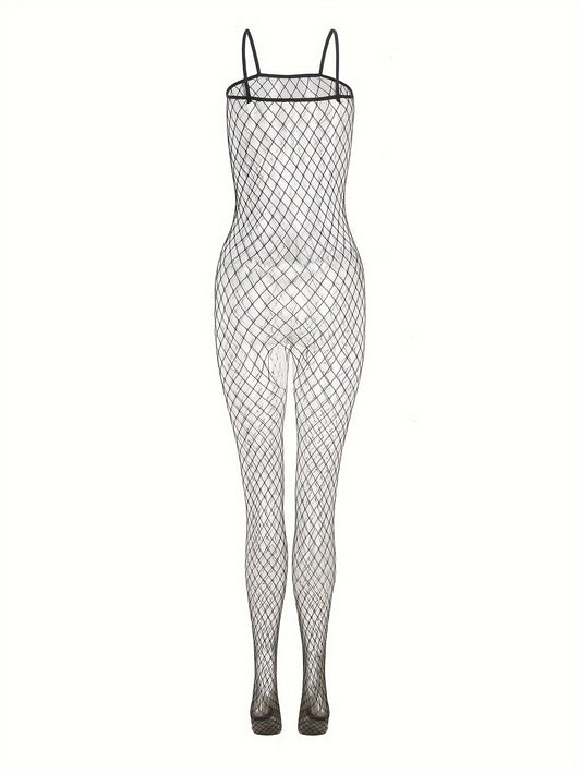 Jinsiy tarmoq bodystocking, ochiq qorin va shaffof yelkasiz dizayn bilan.