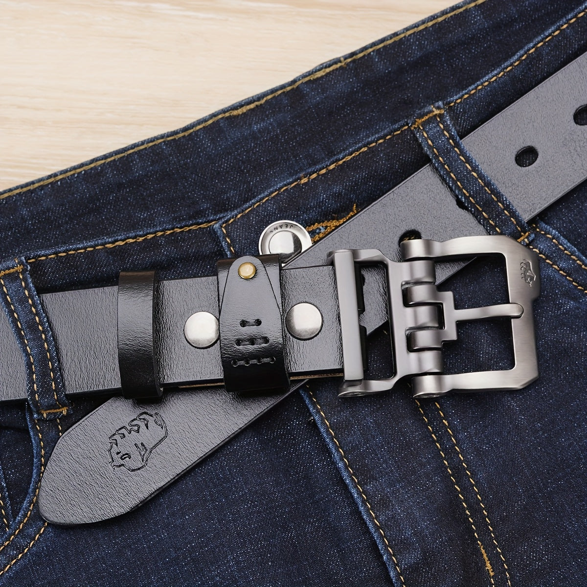 BISON DENIM Men's Genuine Leather Belt with Vintage Pin Buckle - Casual Style for Jeans & Pants - Ideal Gift for Men