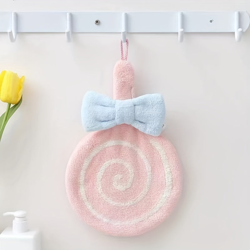 Cute lollipop hand towel made of coral fleece for kitchen and bathroom décor.