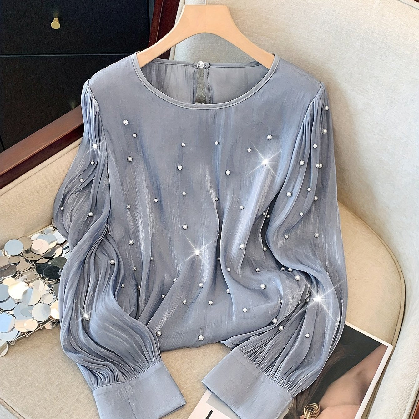 Women's luxury beaded V-neck blouse, elegant French style, long sleeve, polyester, machine washable, perfect for spring/fall fashion events.