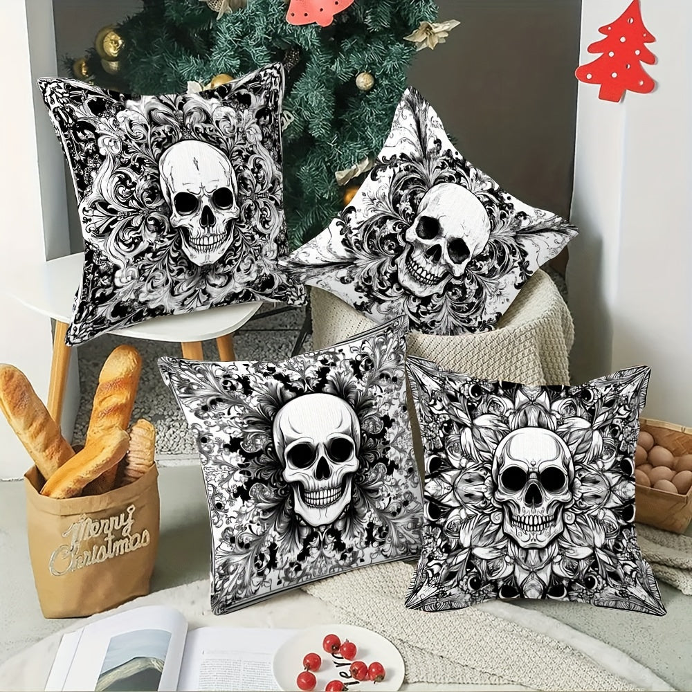 Polyester Gothic Skull Pillow Covers 4-Pack - Featuring Double-Sided Print, Zippered Decorative Cases for Sofa Cushions. Perfect for Halloween & Christmas Decor, Suitable for ages 18 and up. (Insert Not Included) - Item Code: QYH8-281/284