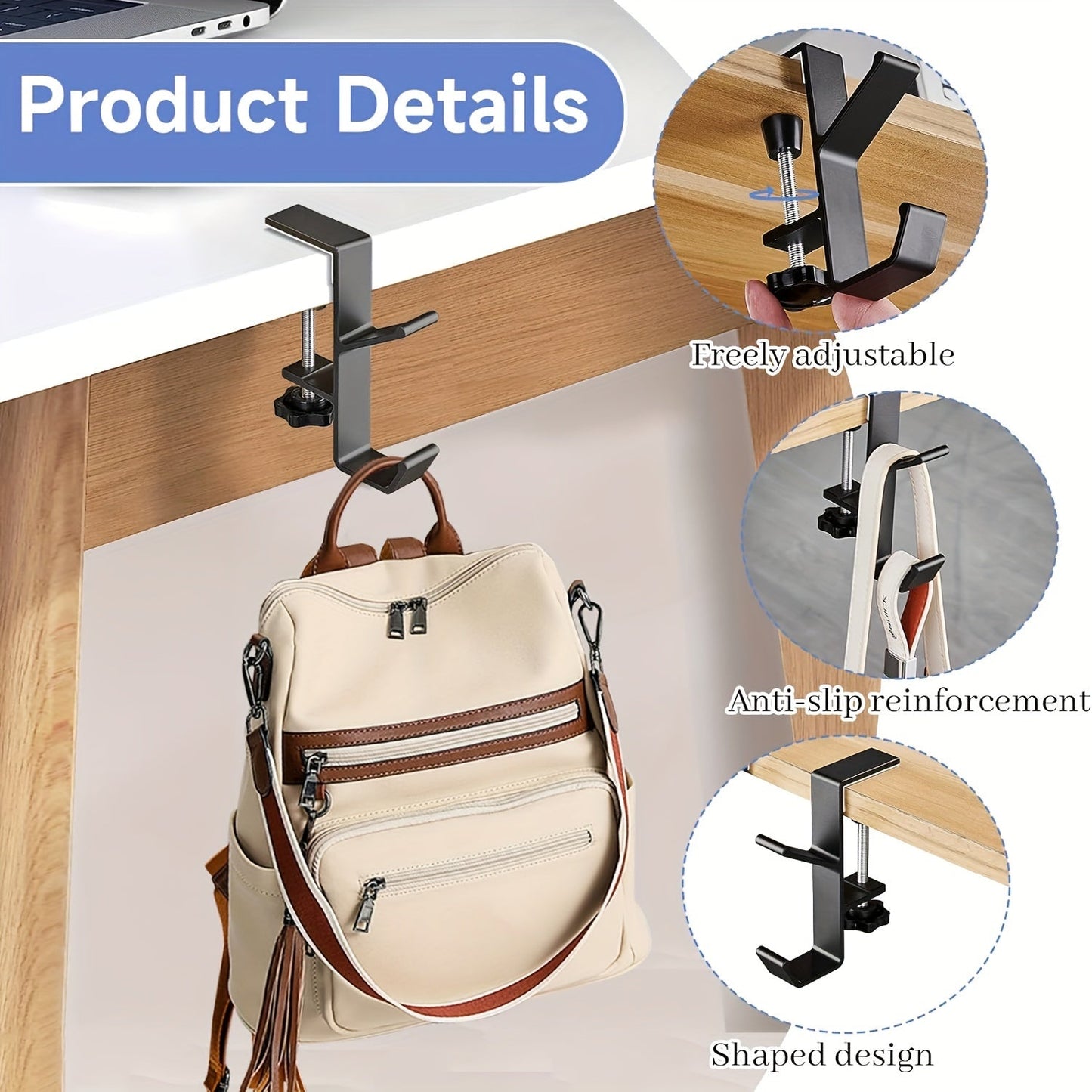 Two pieces of under desk hooks for backpacks - convenient and portable, perfect for student desks. Designed to fit women's bags and handbags, suitable for surfaces ranging from 1.02 to 4.98cm in thickness.