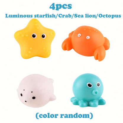 Colorful glow-in-the-dark bath toy set of luminous ocean animals made of PVC, with batteries included. Fun and educational bathtub game for youngsters.