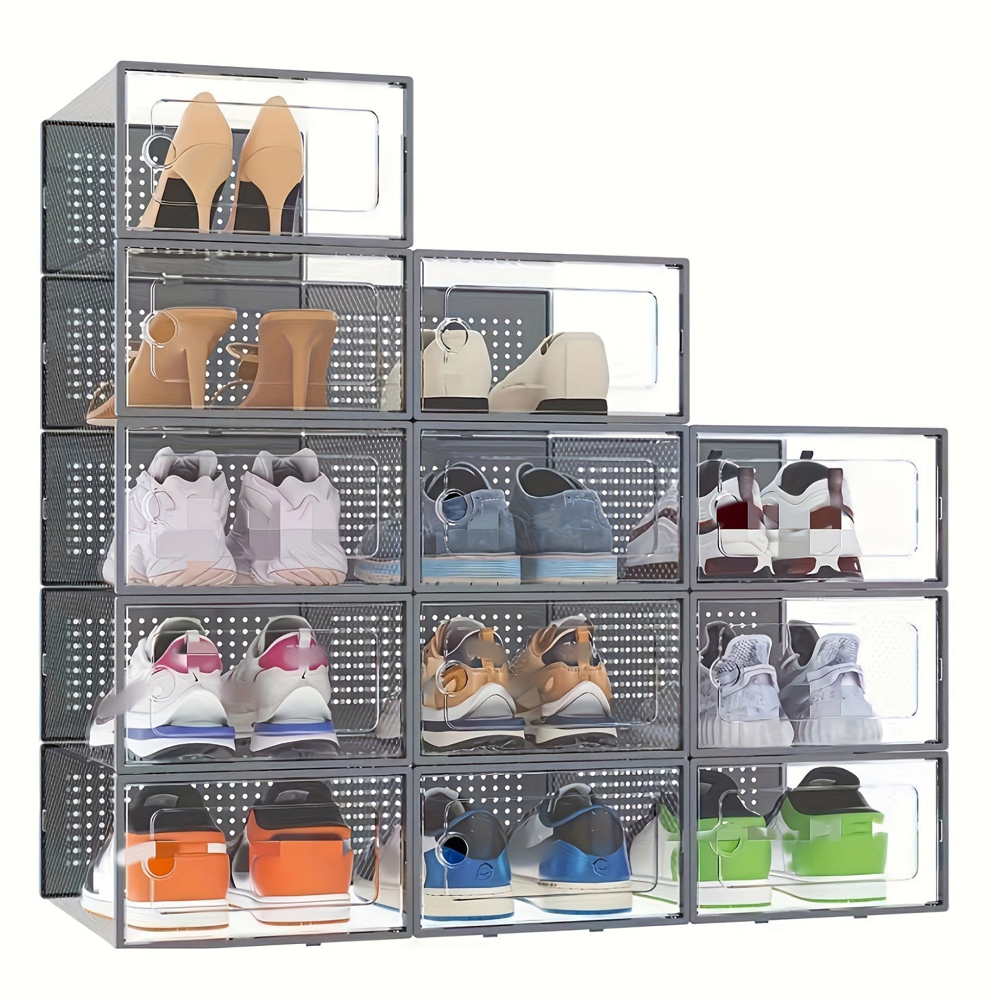 12/6 pieces of black transparent XL plastic shoe storage boxes with lids. These square shoe organizer cabinets are waterproof, multi-purpose, and have a flip-top lid design. Perfect for home and kitchen storage drawers.