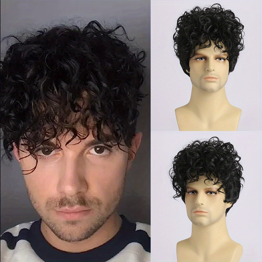 Fashionable men's wig with short curly hair and natural oblique bangs.