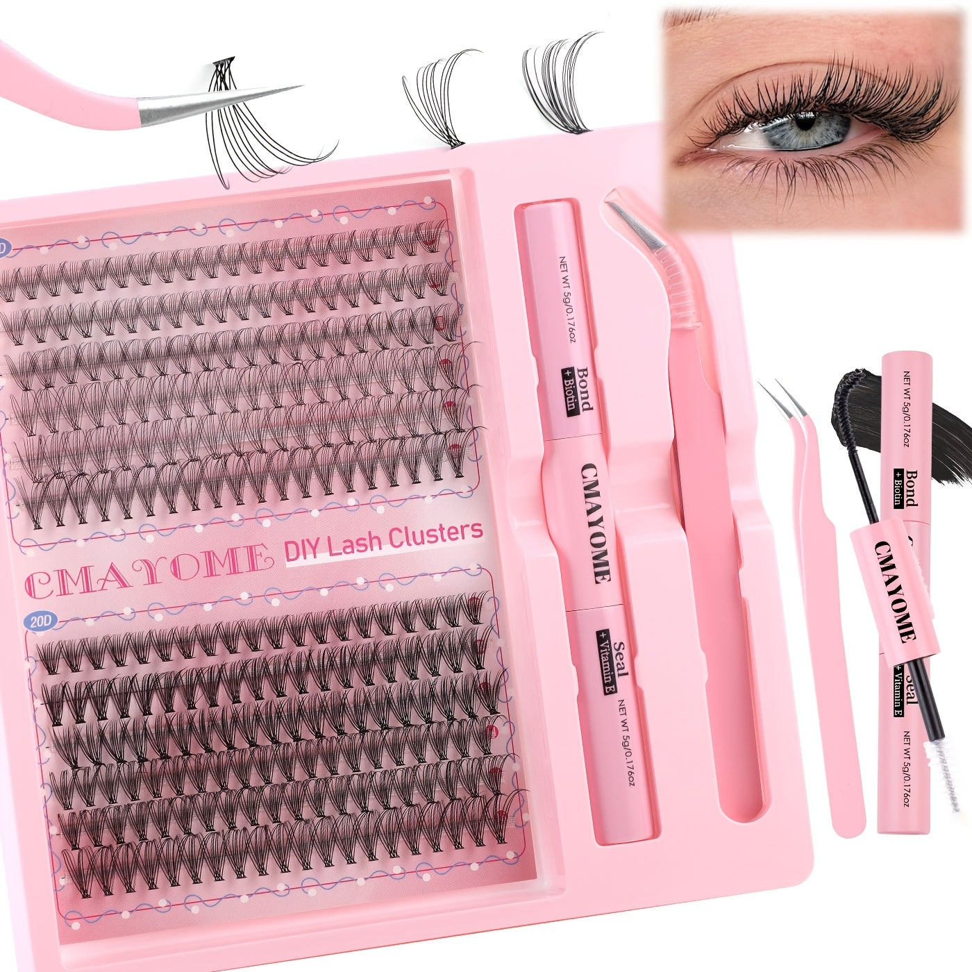 Pink Series DIY False Eyelashes Set includes 240pcs of C-shaped Curly False Eyelashes and 140pcs of Glue Tweezers. Features 8-16mm length, low sensitivity, easy application, and