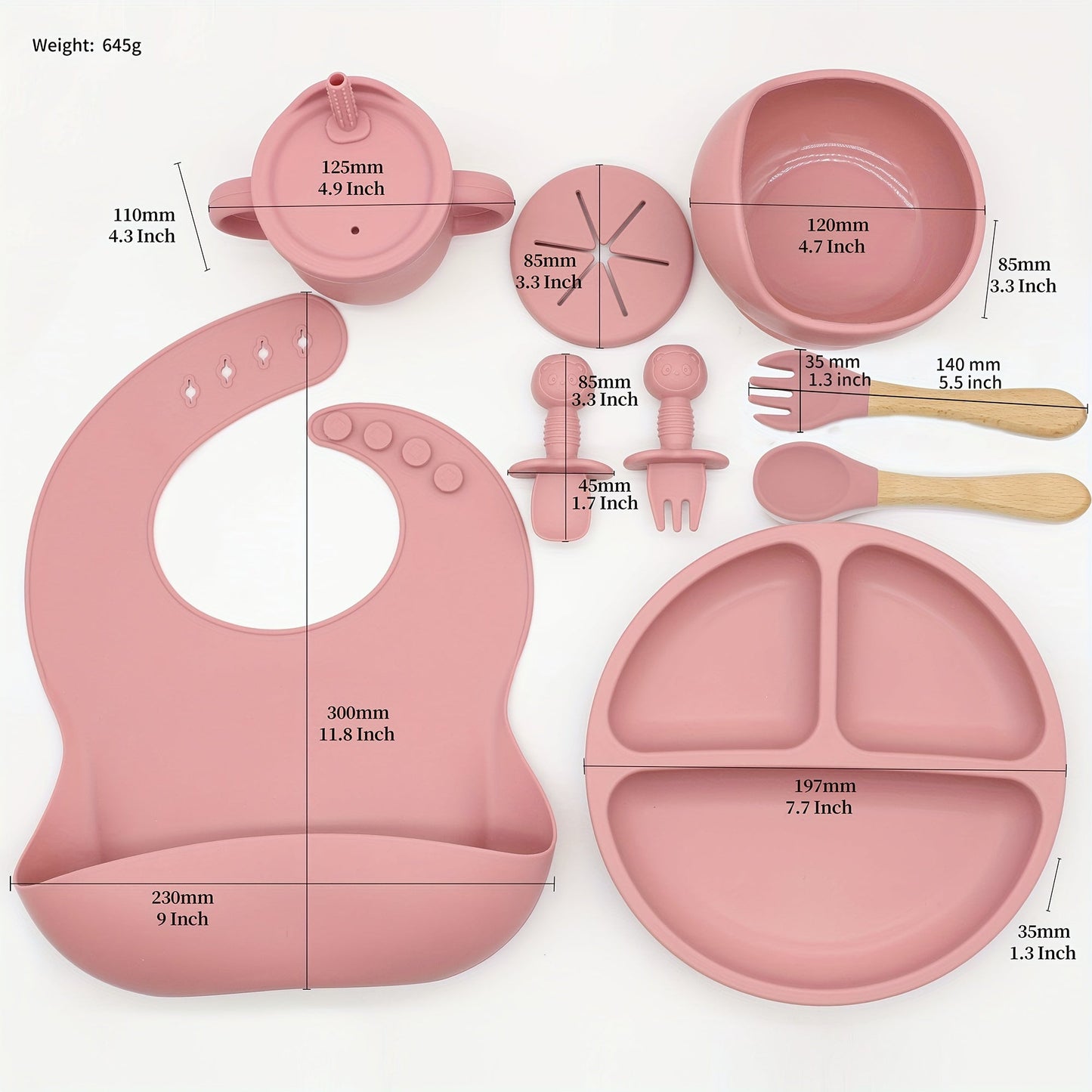 This set includes 9 pieces of feeding cutlery made of food-grade silicone, featuring a silicone bib, suction dinner plate, suction bowl, wooden handle silicone spoon and fork, food supplement spoon and fork, two-in-one drinking training cup, and eating