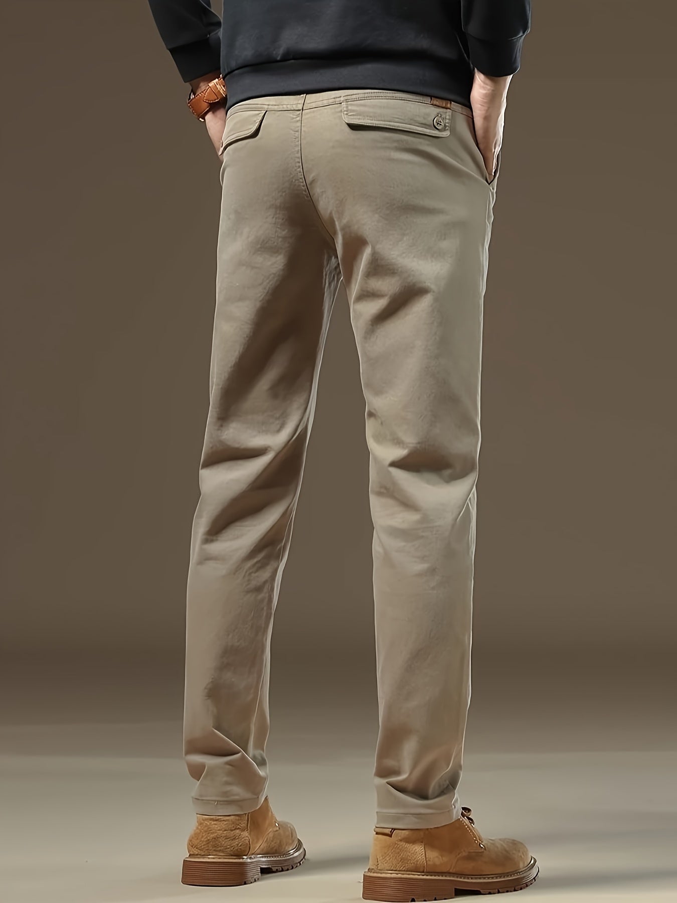 Stylish men's dress pants in khaki color with classic fit and stretch, suitable for business casual wear in spring/fall season.