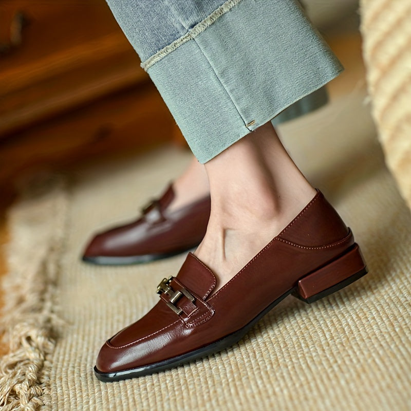 Elegant retro black loafers with golden-tone buckle, chunky heel, and square toe. Versatile casual shoes for all seasons, not washable.