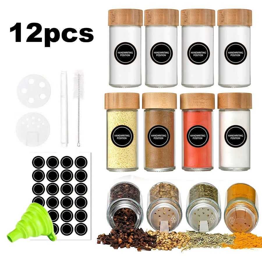 Set of 12 Airtight Glass Spice Jars, 120ml - Salt and Pepper Shakers for the Kitchen with Pour Lids and Detachable Sift Holes, Perfect for Seasoning and Storage. Great for Outdoor Picnics, BBQs, and More. Plain Design.