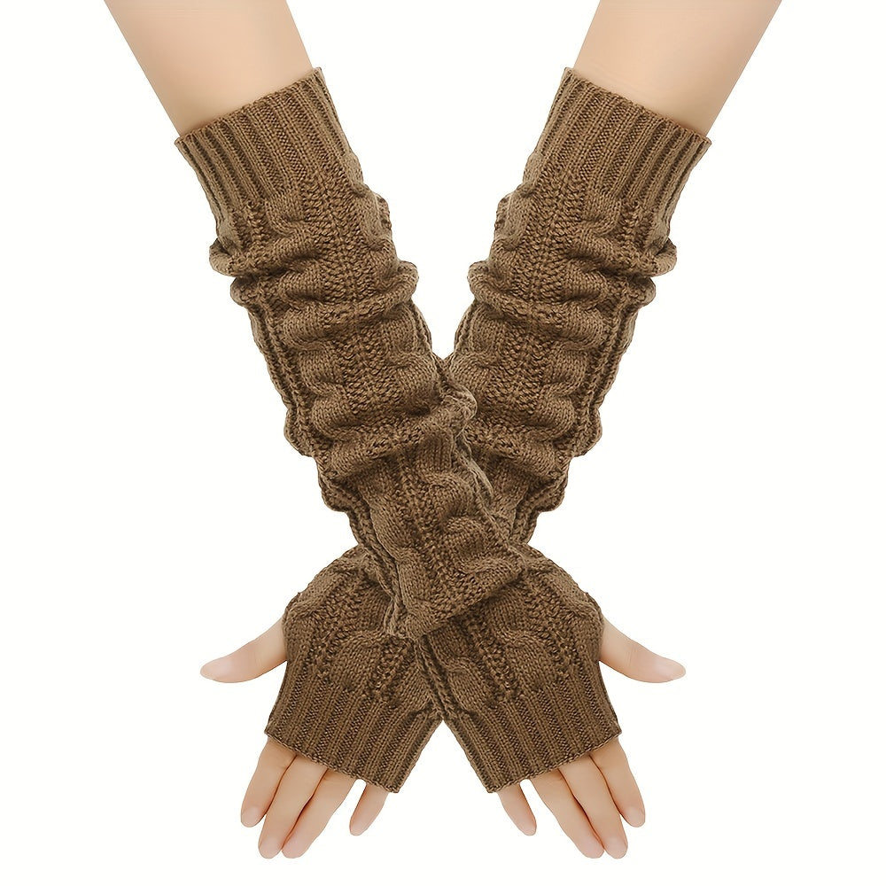 Warm up your arms with these Long Knitted Twist Gloves perfect for outdoor travels during the cold autumn and winter seasons. Designed for women, these fingerless gloves are coldproof and feature an elastic sleeve for added comfort.