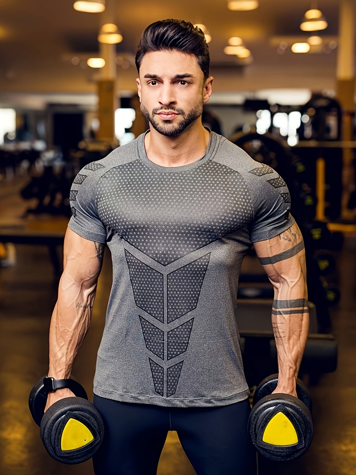 Men's athletic compression t-shirt with arrow print, made of breathable polyester fabric. Ideal for gym and fitness lovers.