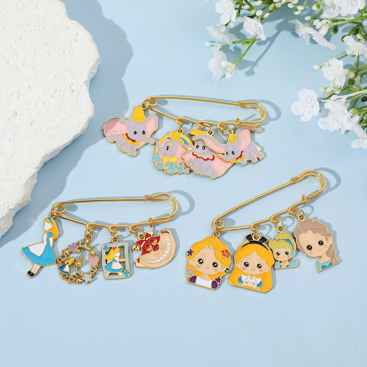 Set of 3 Adorable Cartoon Princess and Dumbo Enamel Brooch Pins, Made from Zinc Alloy Metal, Perfect for Adding a Splash of Fun to Clothes and Backpacks, Great for Daily Wear or Special Occasions Year-Round