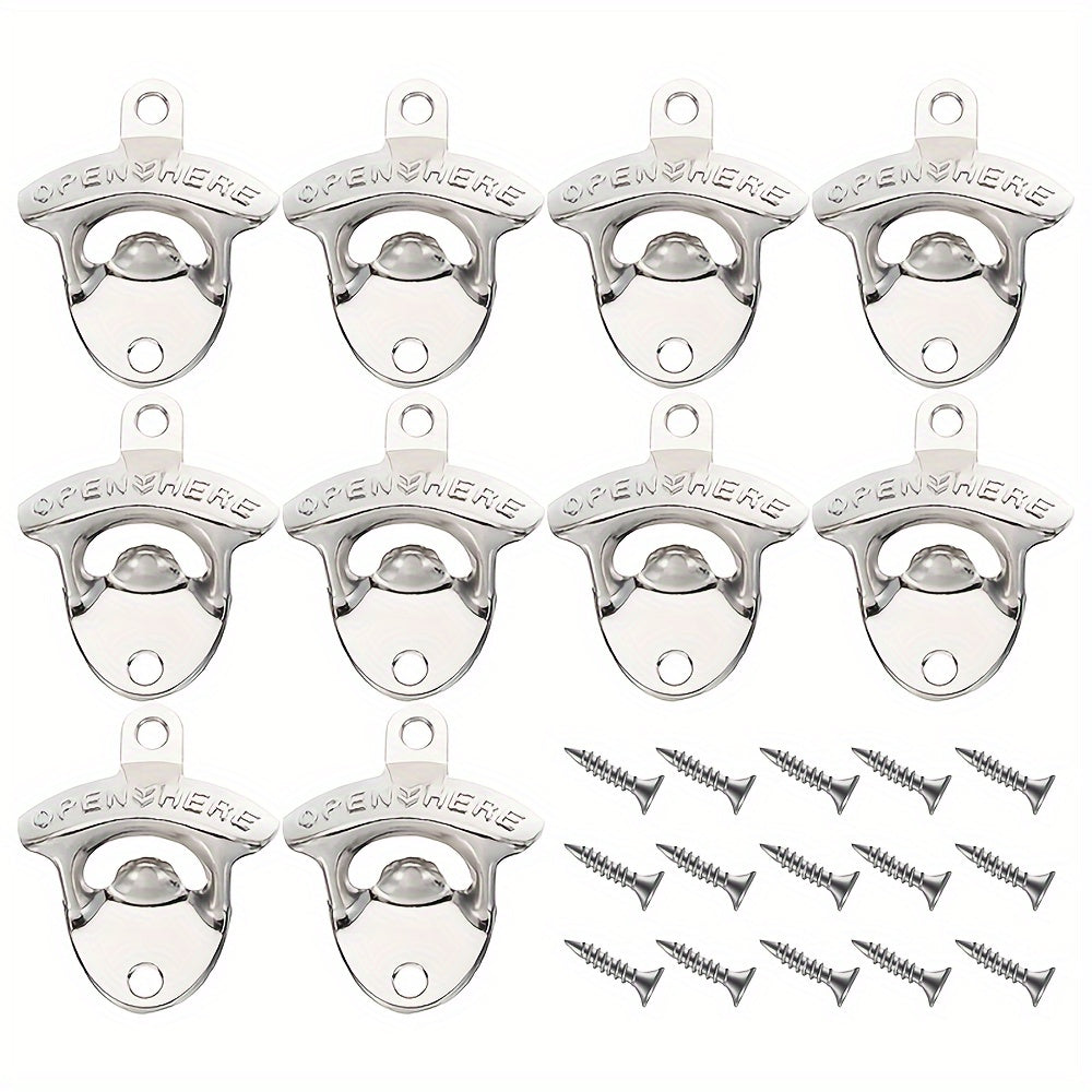 Set of 10 vintage wall-mounted beer bottle openers, ideal for BBQs and kitchen use.