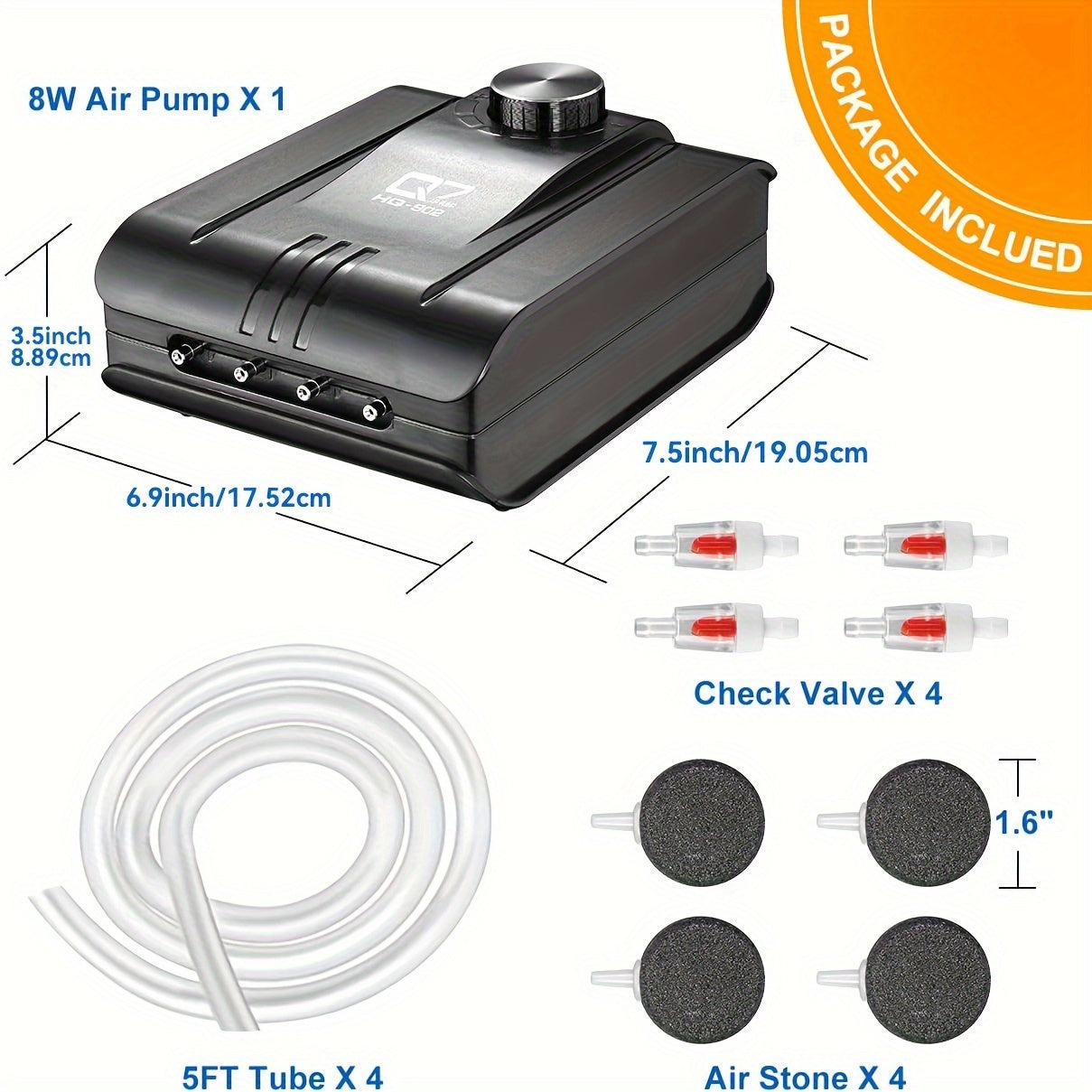 Quiet fish tank air pump with 4 outlets for aquariums up to 400 gallons, no battery needed.