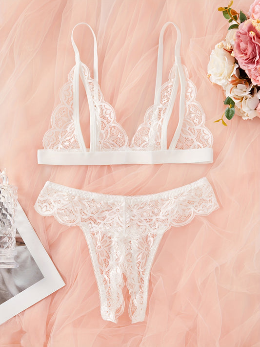 Sexy floral lace lingerie set with open cup bra and crotchless thong.