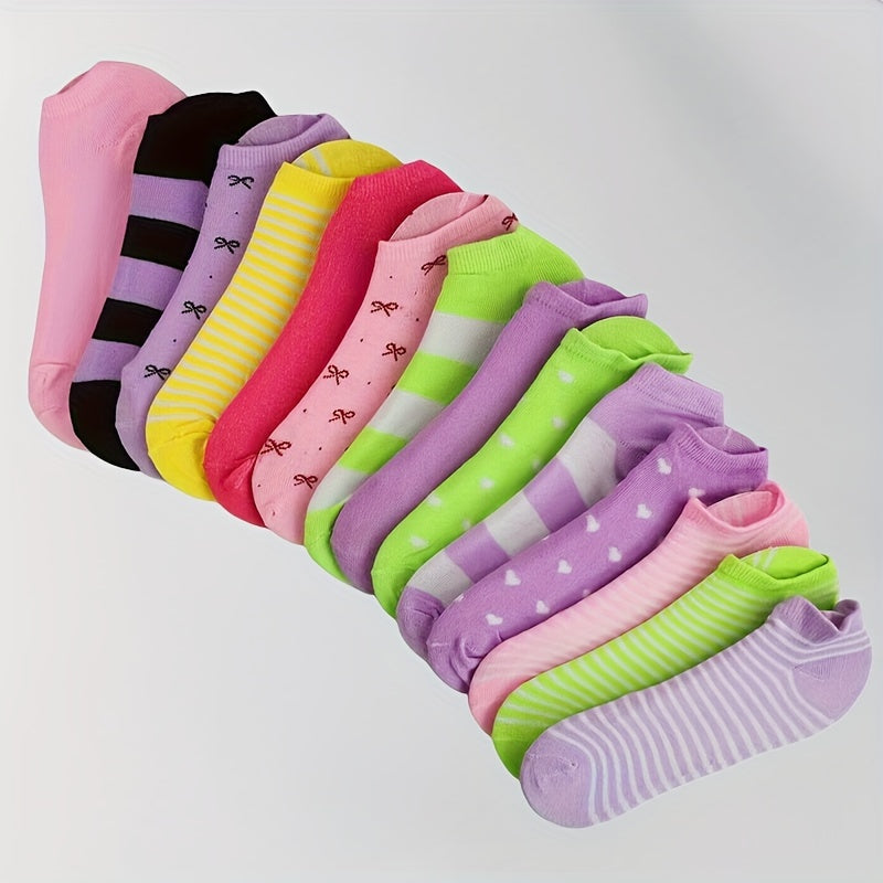 20 pairs of comfortable, soft low-cut women's socks with heart, bow, and stripe print in rainbow colors for all seasons.