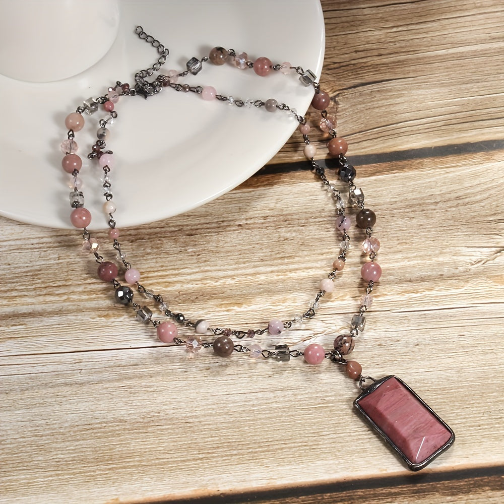 Chic Layered Stone Necklace with Boho Vibe, Featuring Natural Gemstones and Glass Beads on Black Chain, 2-Tier Style with Square Faceted Pendant, Great for Women to Wear Everyday or Give as Gifts, Ideal for Celebrating Mother's Day or Welcoming Spring