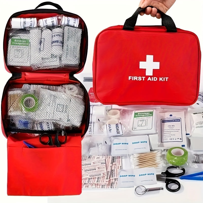 Multifunctional first aid kit for outdoor adventure, hunting, hiking, and camping, contains 65/188/208 pcs, with carrying pack and essential supplies such as scissors, gloves, duct tape