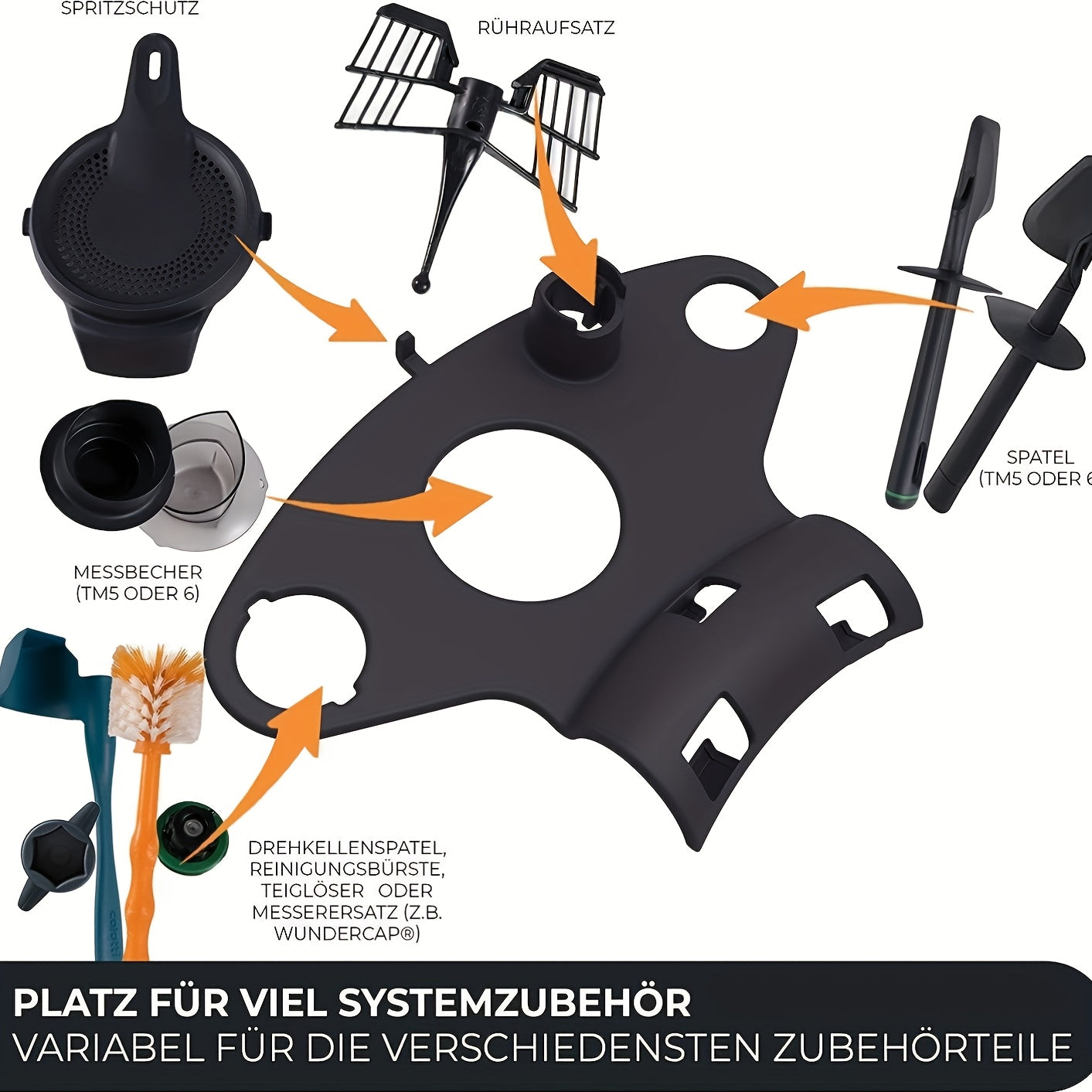 Introducing the Thermomix Accessory Organizer Rack, specially designed for TM5 and TM6 models. Crafted from sturdy plastic, this sleek rack features an open storage design to accommodate 9 tools without needing electricity. Say goodbye to cluttered