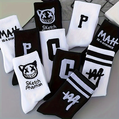 10-Pack Unisex Graffiti Mid-Calf Socks - Cotton Blend, Striped Knit, Elastic Cuff - Handwash/Dry Clean Safe.