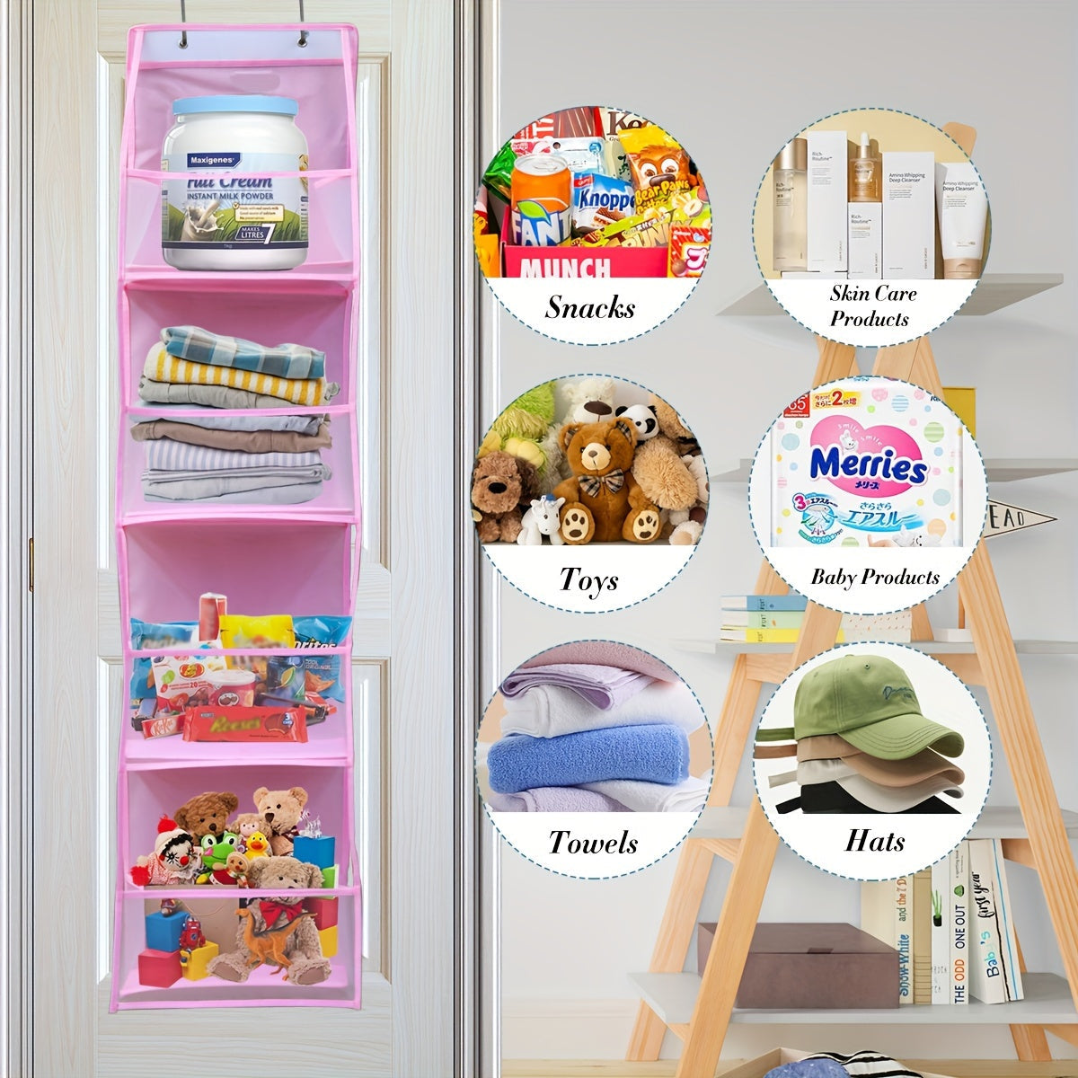 Get organized with this convenient 1-piece over-the-door storage holder for stuffed animals. Featuring 4 large pockets with breathable netting, this holder is perfect for keeping bedrooms tidy and storing toys, shoes, diapers, and more. Makes a great