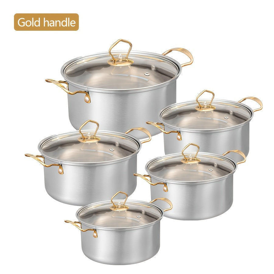 This set includes 10 stainless steel pots in various sizes (15.98cm, 17.98cm, 20.5cm, 22.2cm, and 24.18cm). Each pot comes with a matching lid, making it a total of 5 pots and 5 lids. The pots feature stainless steel double handles for easy handling and