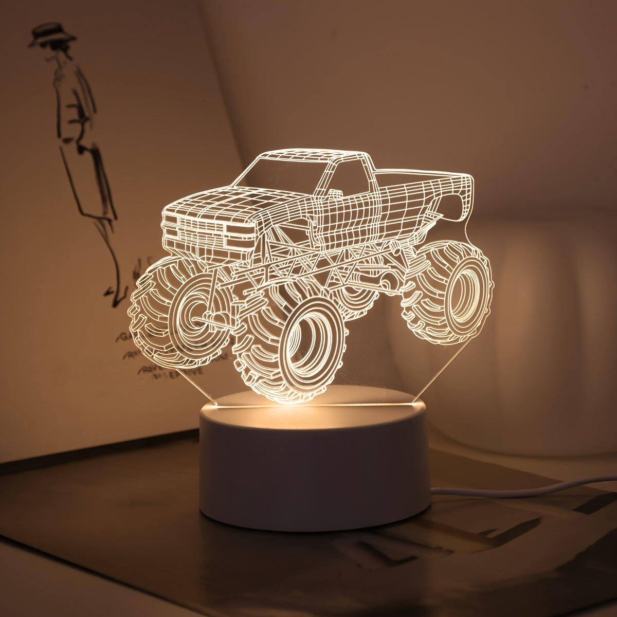 Modern Monster Truck 3D Illusion Table Lamp, Touch Control Night Decor, USB Powered Desk Accent with Integrated LED Source.