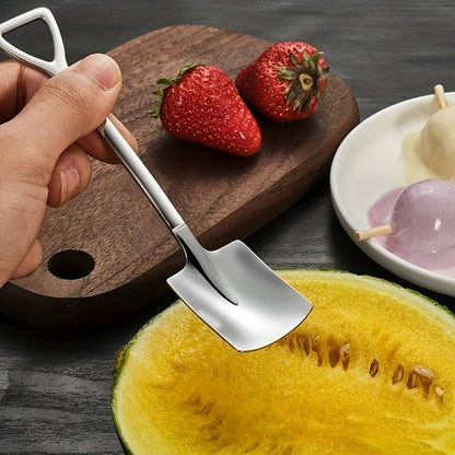 Set of 4 adorable stainless steel shovel spoons for dessert and fruit scooping in the home.