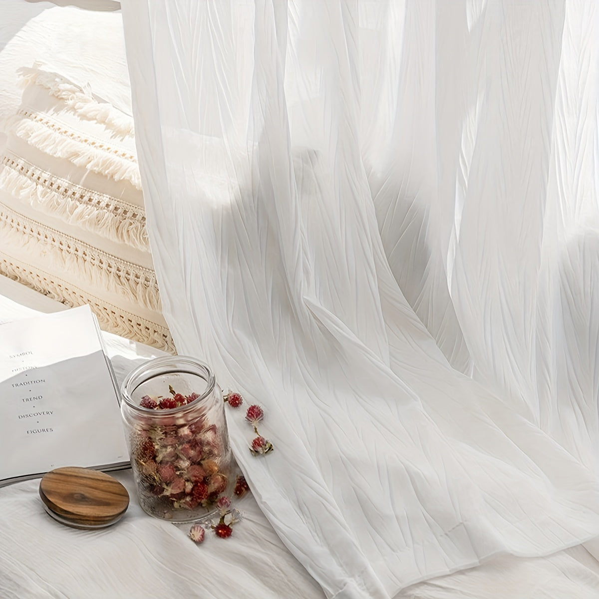 Elegant white sheer curtain with rod pocket, perfect for adding a touch of sophistication to your living room or bedroom décor.