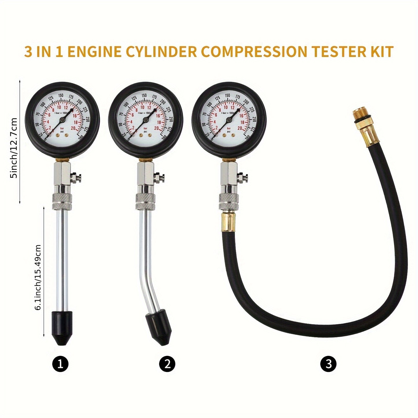 Compression tester kit for gas engines - 8 pieces, 0-300 PSI gauge, great for vehicles.