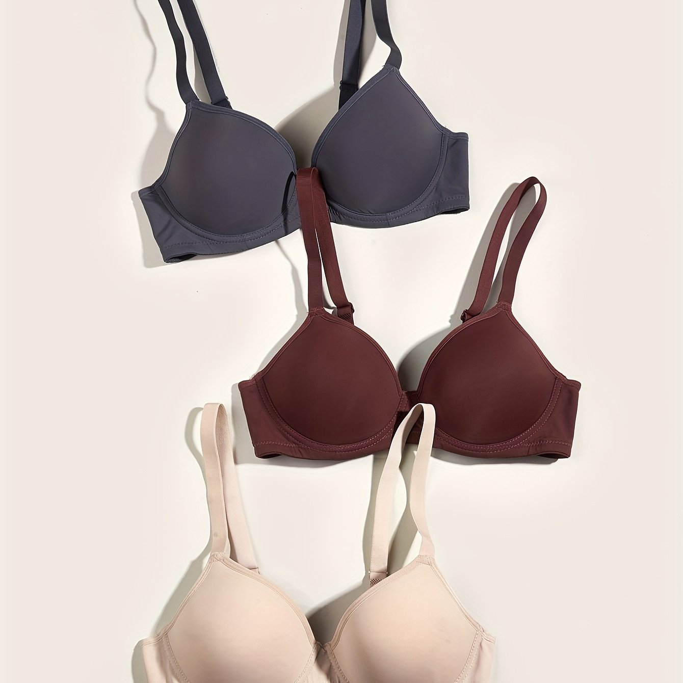 3 Simple Solid T-Shirt Bras: Comfy, Breathable Push Up Style for Women's Lingerie