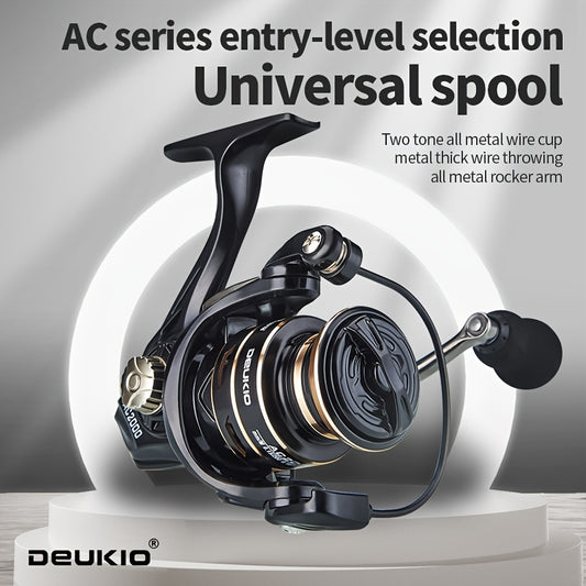 DEUKIO Ambidextrous Spinning Fishing Reel in black with 5.2:1 gear ratio and durable metal construction, suitable for both freshwater and saltwater angling.