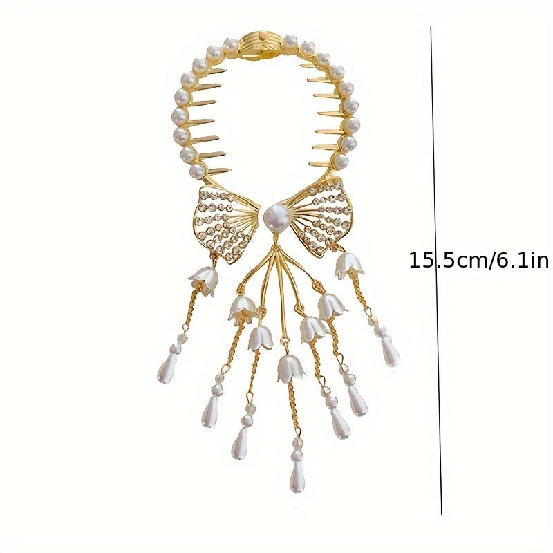 Retro rhinestone and imitation pearl hairpin for bun hairstyles.