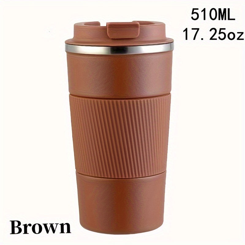 Stainless steel travel mug, available in 12.85oz or 17.25oz sizes. Features vacuum insulation for keeping drinks hot or cold, spill-proof leakproof lid, and double-walled design. Perfect for coffee, tea, or beer on-the-go. Reusable and durable.